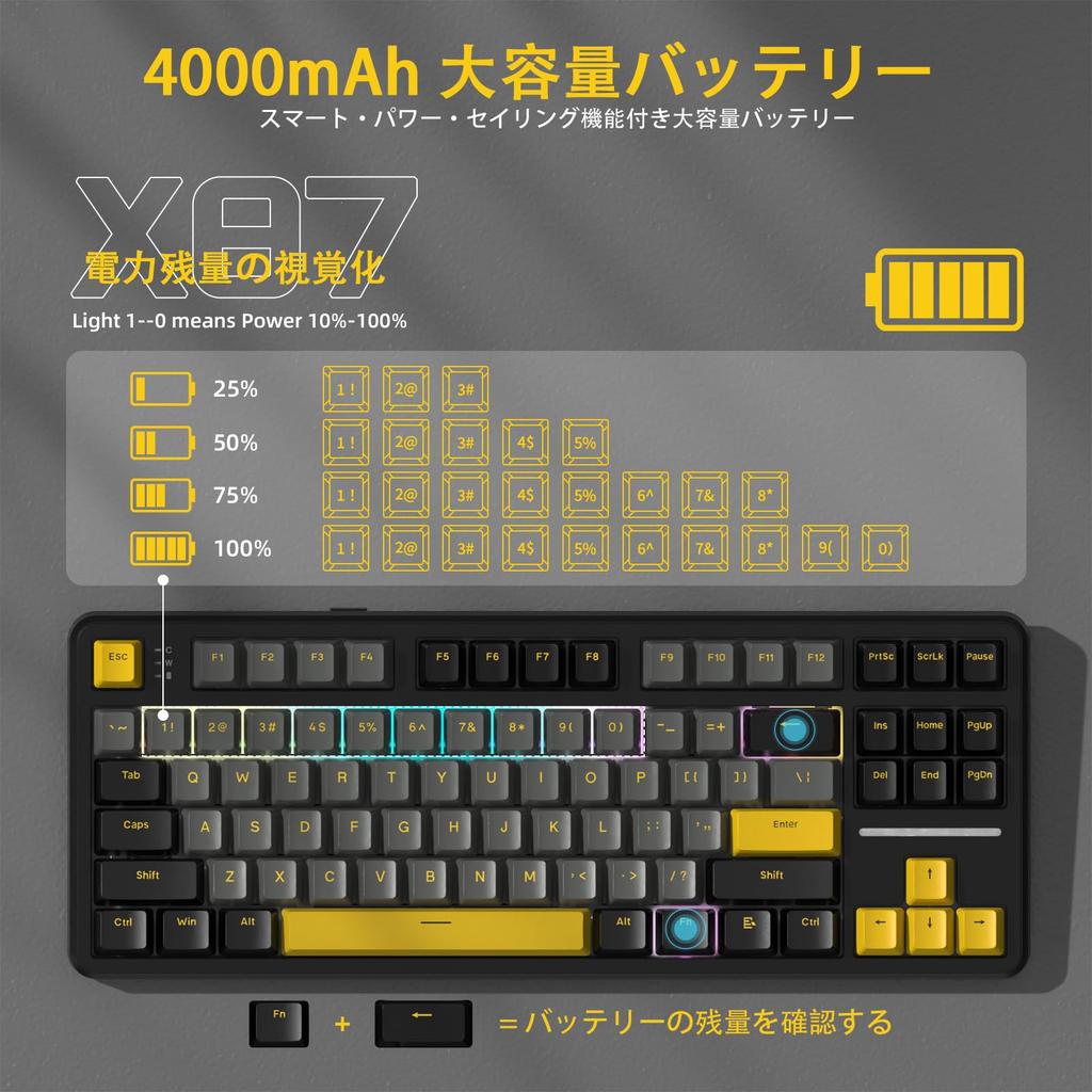 Klawiatura gamingowa ATTACK SHARK x MAMBASNAKE X87 z uszczelką Blueberry, liniowa PBT OEM, bezprzewodowa z 3 połączeniami, TFT RGB 87 PCB, japońska instrukcja obsługi