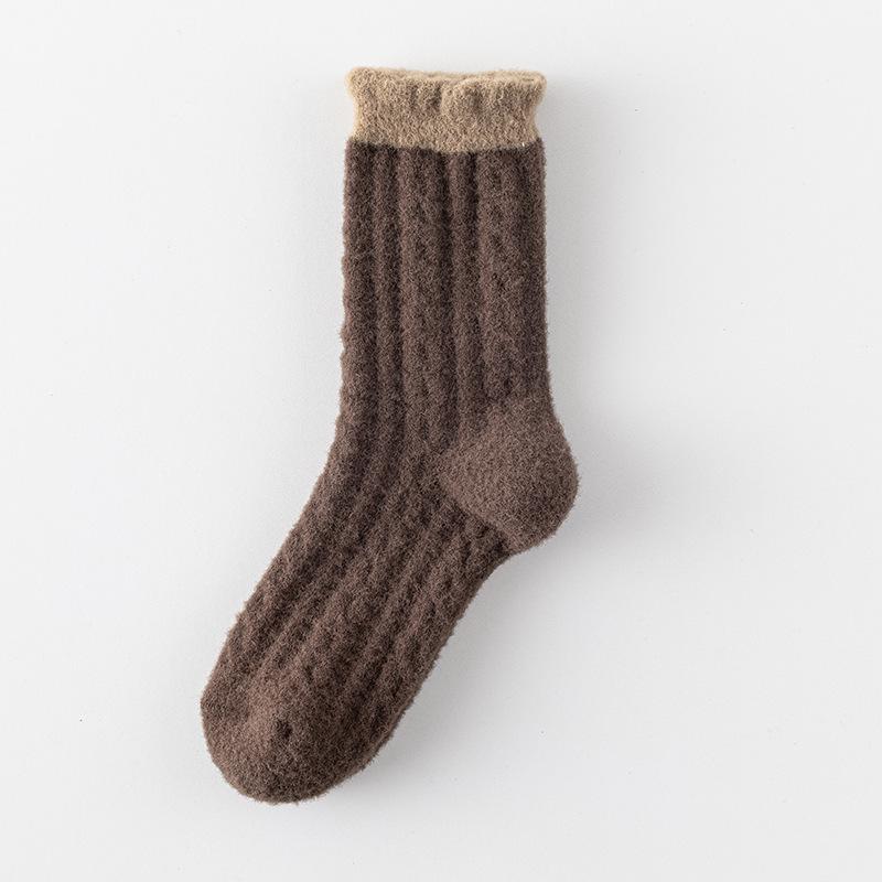 Women's Mid-calf Socks for Autumn and Winter, Thick and Warm Mink Fleece with Linen Patterns, Long Home Sleeping Socks