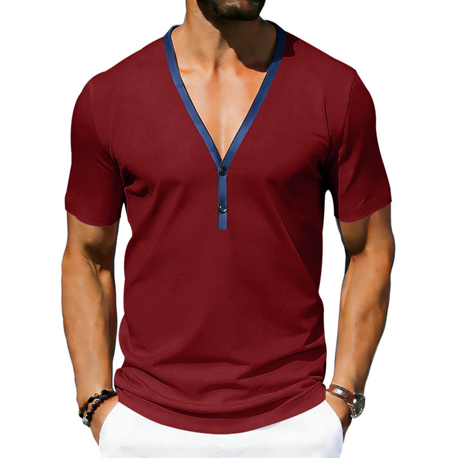 

Мужская летняя футболка с контрастным V-образным вырезом, повседневная и удобная S красный