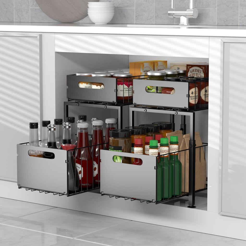 Adjustable Kitchen Sink Storage Rack with Pull-out Shelves