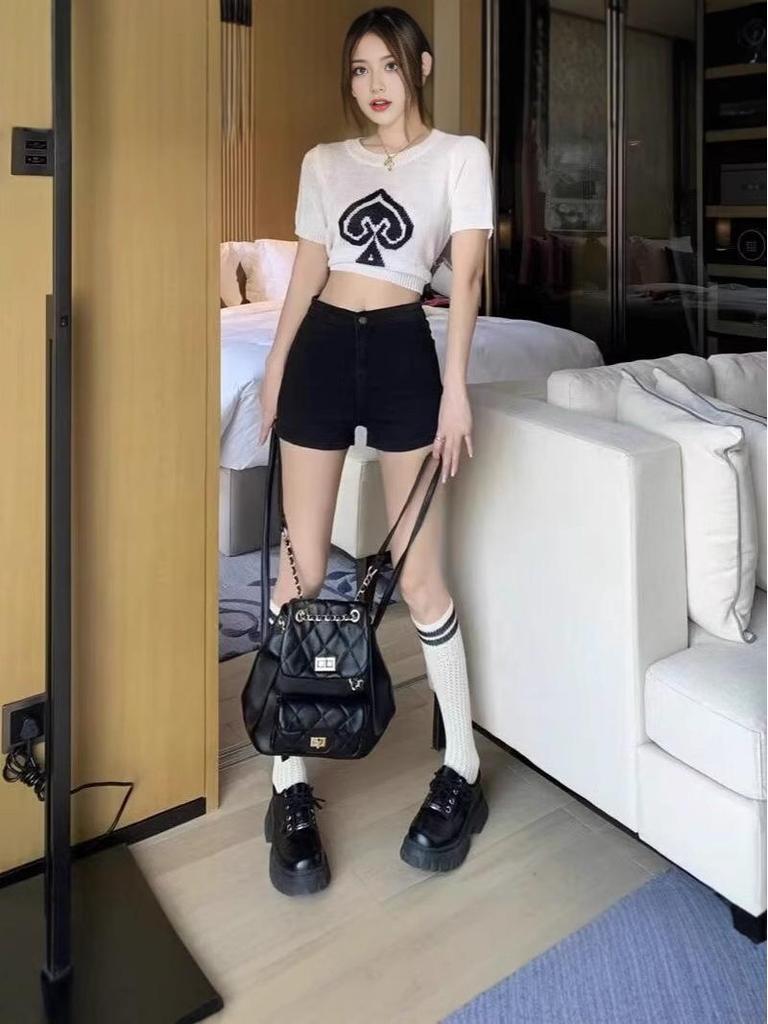 Spicy Girl 2025 Summer Women's High Waist Elastic Black Denim Shorts