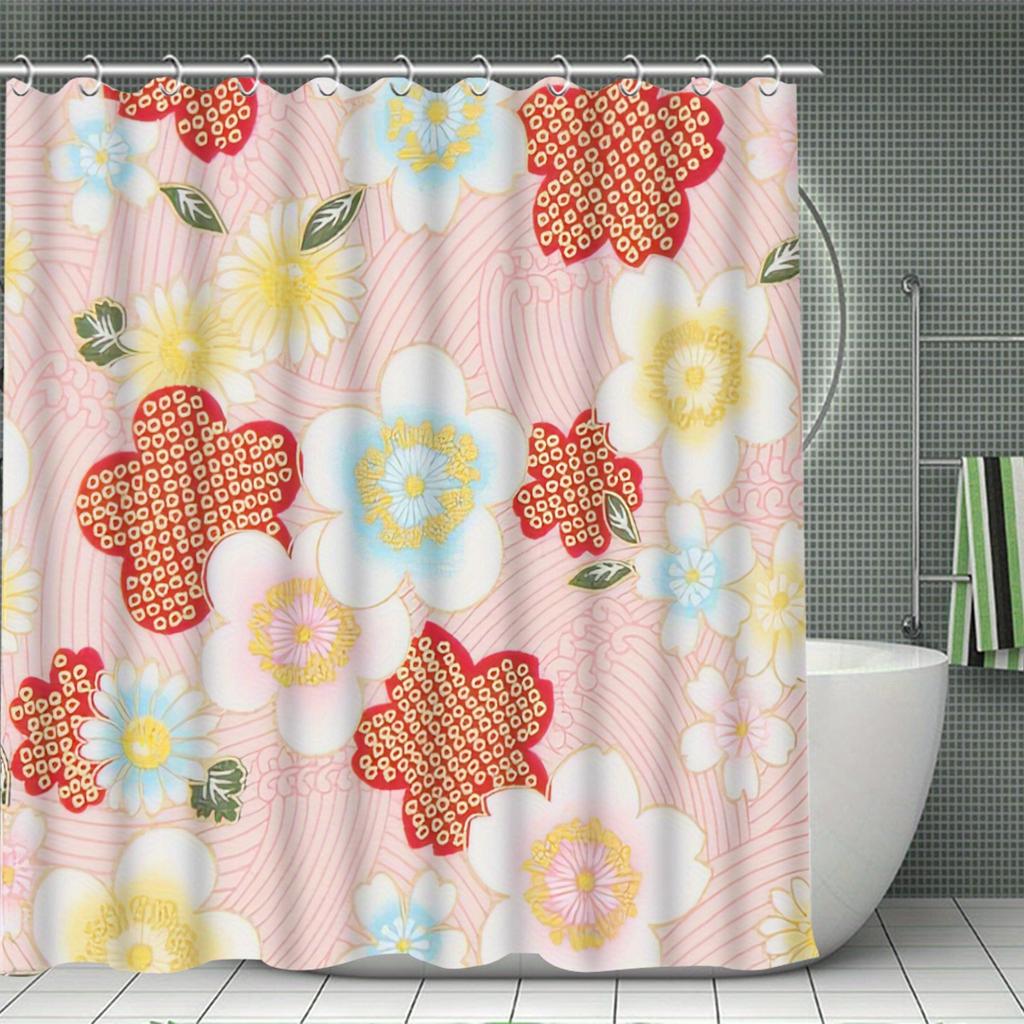 Japanese pattern 4pcs shower curtain set with 12 hooks --shower curtain, bath mat, toilet seat cover and U-shaped rug
