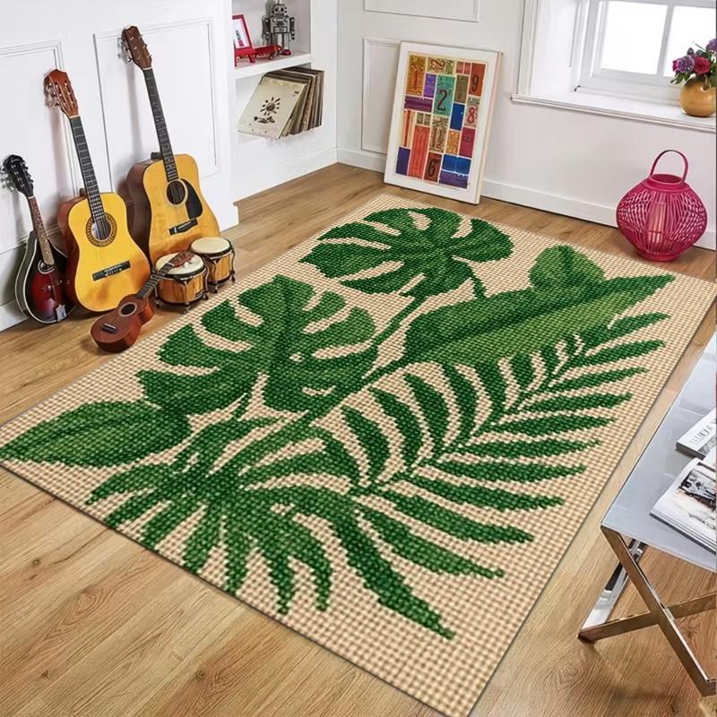 Green Tropical Leaves Area Rug, Non Slip Washable Floor Mat Decorative Plant Themed Carpet for Living Room Bedroom Minimalist