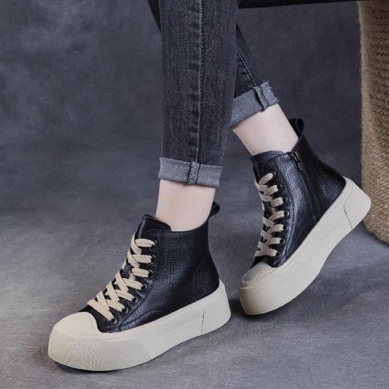 Fashion 5CM 2024 Spring Autumn Chunky Platform Ankle Boots Women Genuine Leather Lace-Up Zipper High Top Thick Sole Casual Board Shoes