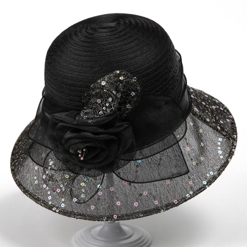 Women Mesh Sequin Formal Hat Handmade Floral Decoration Wide Brim Elegant Party Wedding Sun Shade Cap