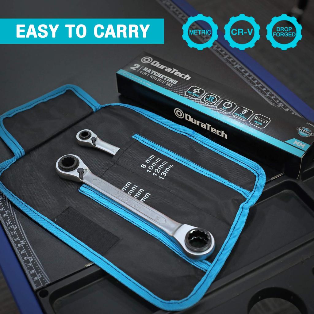 DURATECH Ratchet Wrench Angled Ratchet Straight Type with Directional 72 Storage Bag Set of 2 4-in-1 Set, Wrench, Lever, Gears, CR-V Steel,