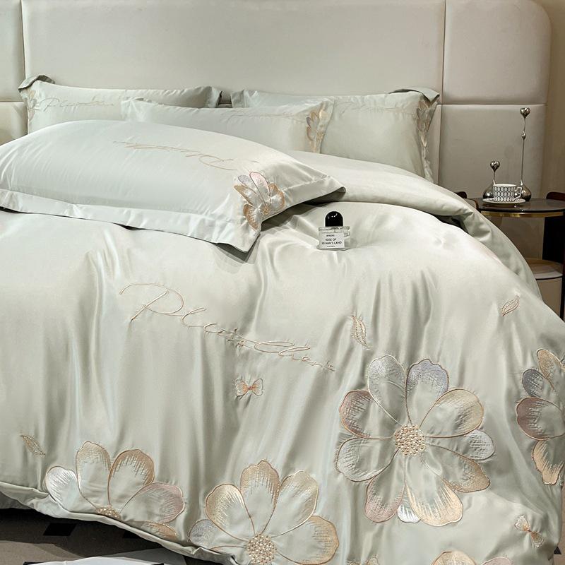 Hepburn Series: Luxurious Floral Embroidery Cotton Bed Sheet Set - Skin-Friendly, Fitted Style, Four-Piece
