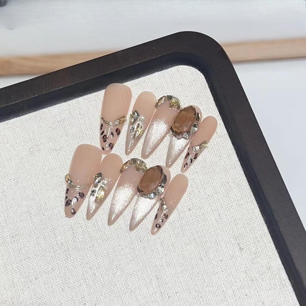 Noszenie Zbroi Ręcznie Robiona Wysokiej Klasy Atmosfera Koci Oko Francuski Manikiur w Panterkę Zdejmowalny