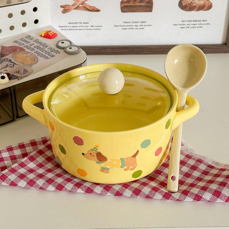 Cute Polka Dot Binaural Instant Noodle Bowl with Cover Student Dormitory Large Capacity Instant Noodle Bowl Personal Special Snail Powder Bowl