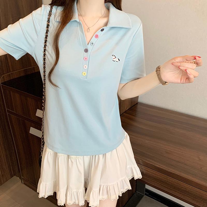 

2026 Summer Plus Size Women s Rainbow Embroidery Little Horse Polo T-Shirt 2XL синий