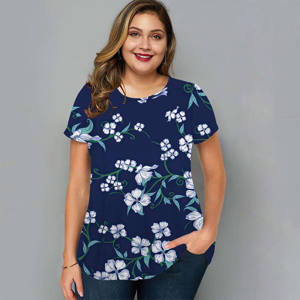 Summer Round Neck Floral Graphic 3D Print Top Fashionable Casual Short Sleeved Plus Size Women's T-shirts