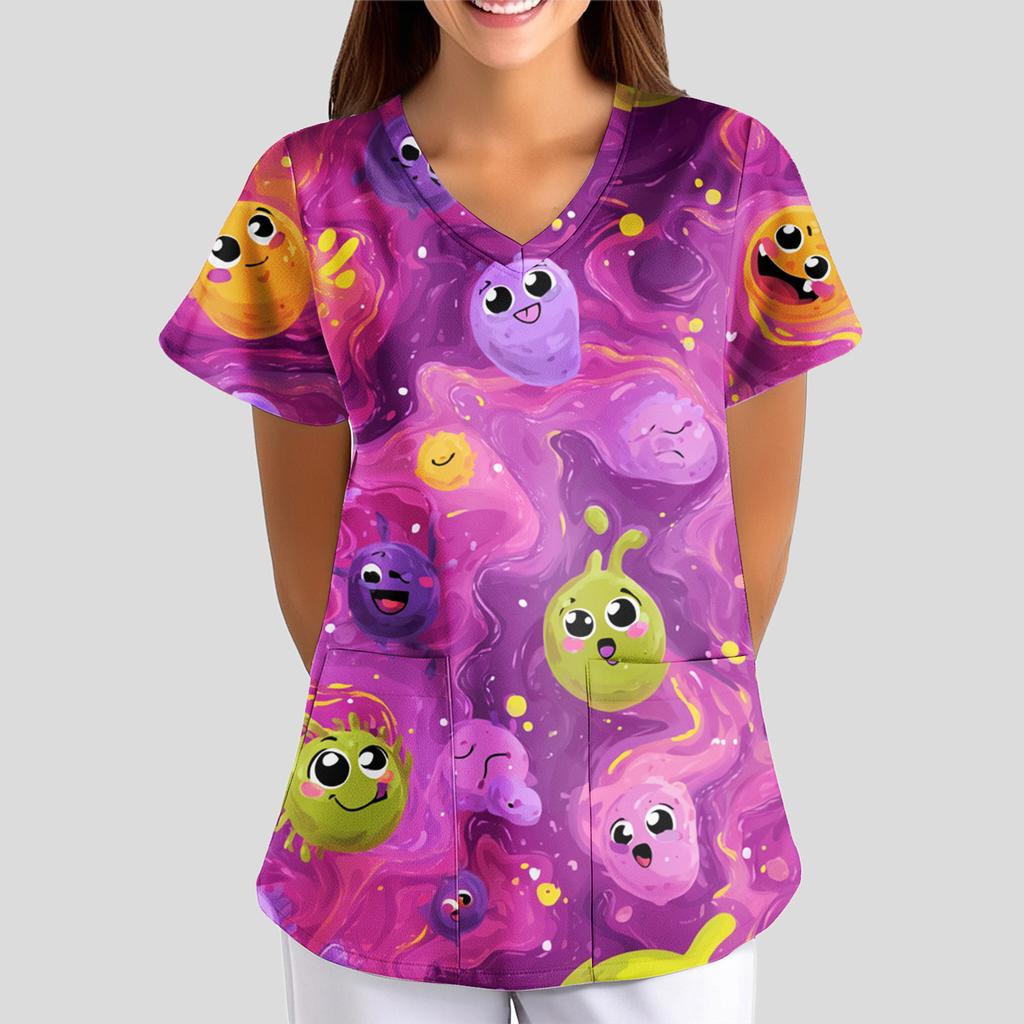 Women's Floral Print Loose V-neck Short-sleeved Uniform/ Uniform
