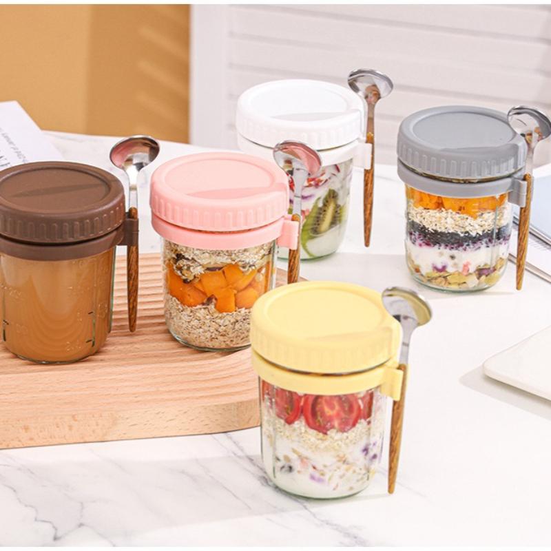 350ML Overnight Oat Cup Glass With Lid And Spoon Seal Food Breakfast Cup Portable Cereal Milk Salad Yogurt Cup Kitchen Item Cup