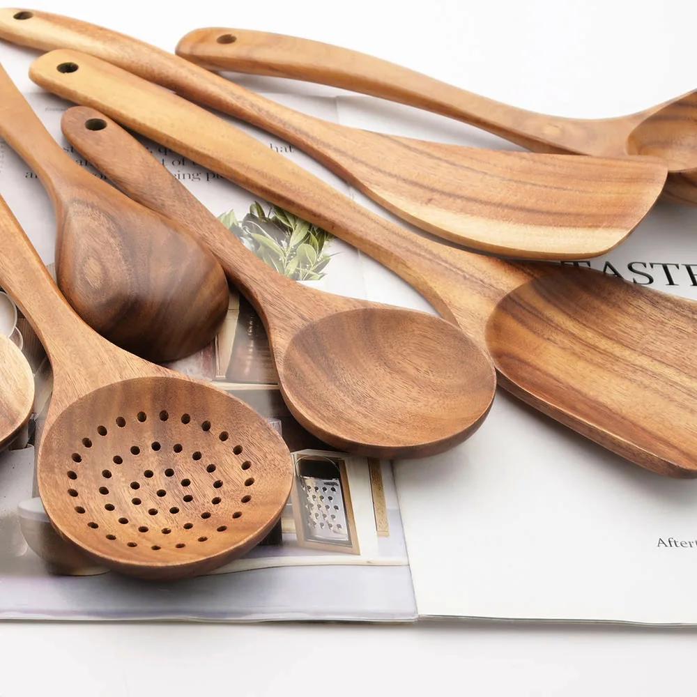 7Pcs Wooden Cooking Utensils Set Non-Stick Wood Spatula Colander Soup Spoon Frying Shovel Kitchenware Cookware Tools