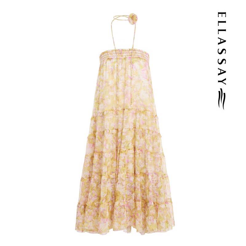 ELLASSAY Women's Romantic Floral Print Flowy High-Waist Maxi Skirt