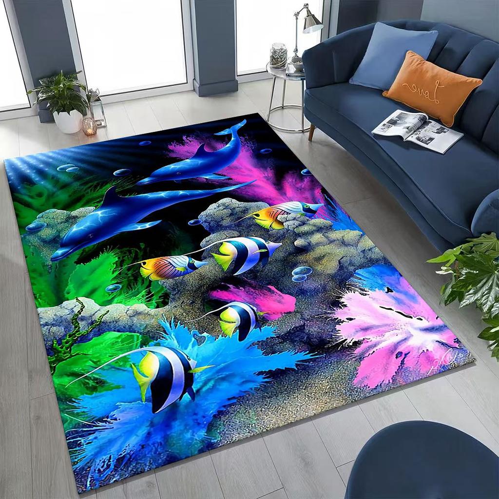 2026 New Underwater World Sea Dolphin Turtle Coral Rug for Bedroom Living Room Sofa Home Doormat Decor,Kids Non-slip Floor Mat
