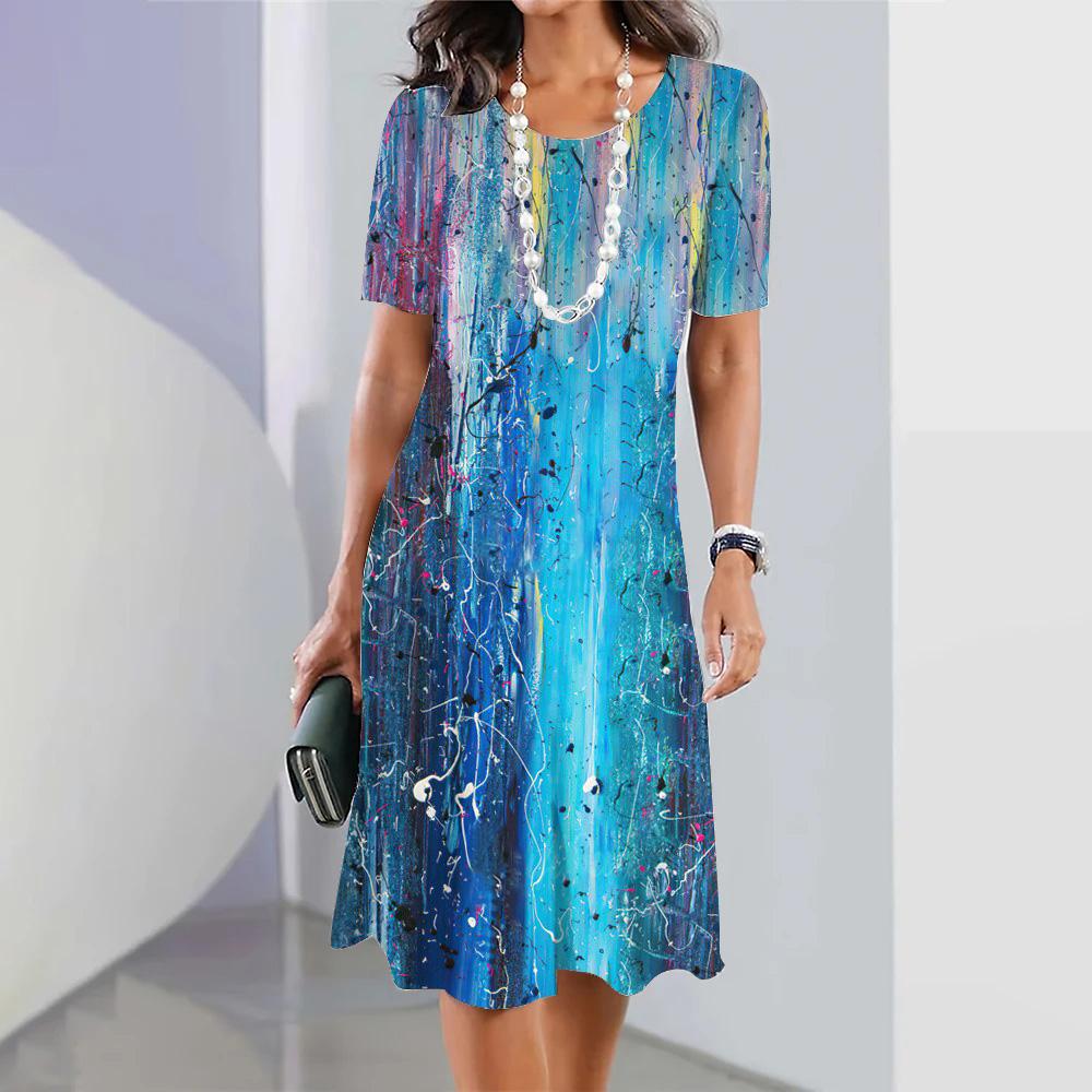 Summer Women's Fashion Round Neck Short-sleeved A-line Dress 3d Colorful Printing Casual Loose Dress