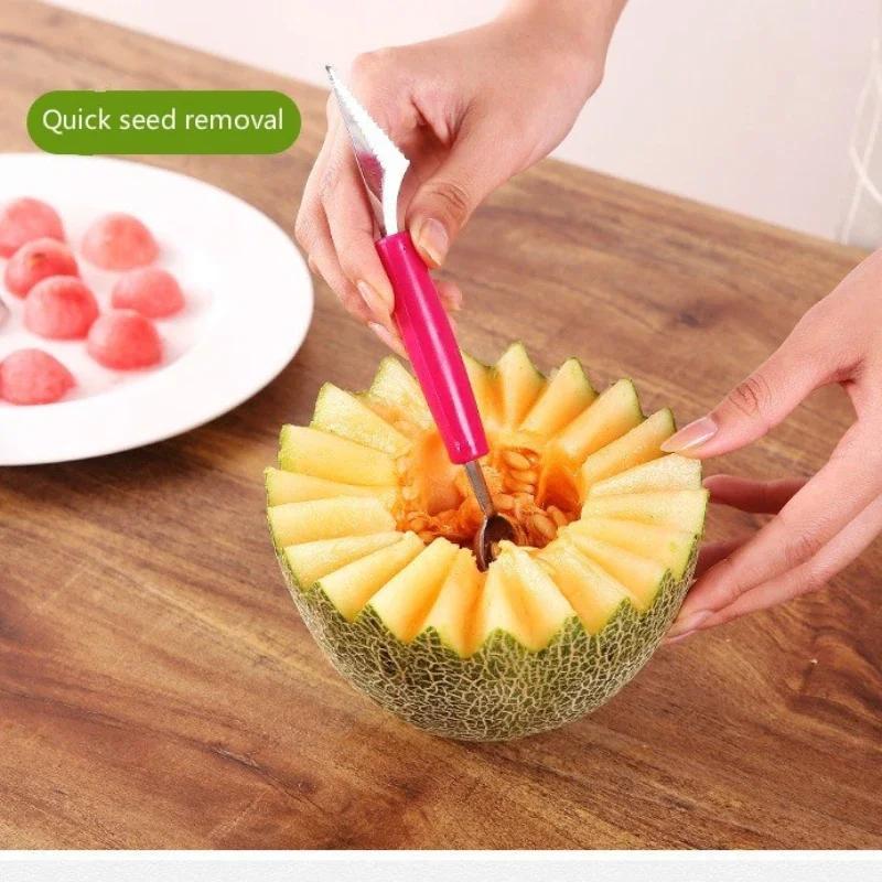 Tragbare Küchenwerkzeuge Doppelfunktion Edelstahl Obst Wassermelonenausstecher Tranchiermesser Obstschneider Eisportionierer