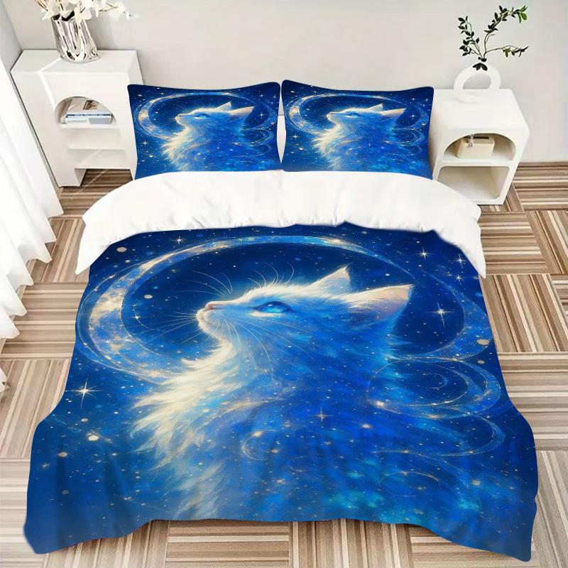 3pcs Anime Cat Moon Stars Bedding Set - Includes One Quilt Cover and Two Pillowcases (No Core) - Home Decor Gift for Bedroom and Guest Room