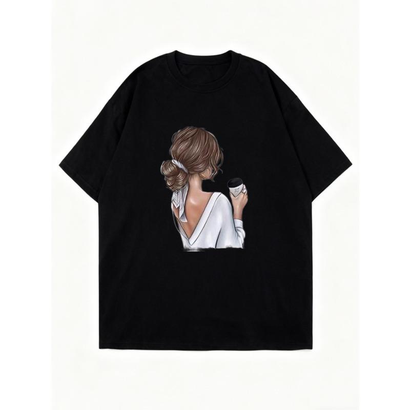 Black Oversized T Shirt With Woman Holding Coffee Cup Print Casual Everyday Wear