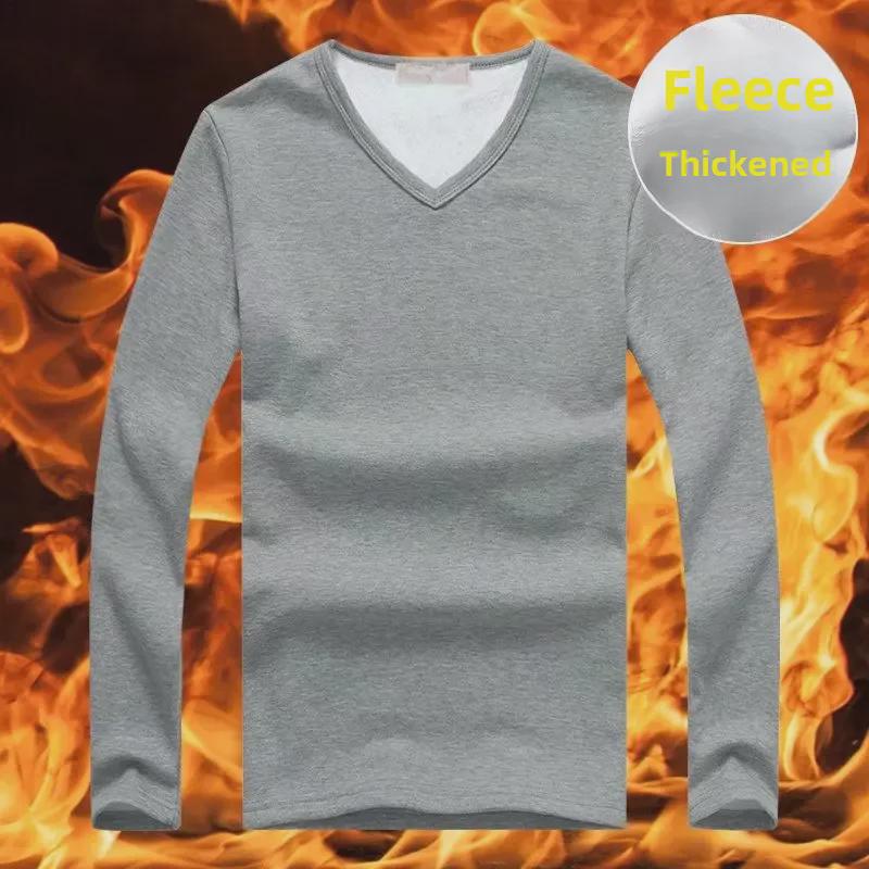 Férfi, V-nyakú, téli termikus hosszú ujjú felső, plusz bársony, vékony szabású, kívül-belül viselhető