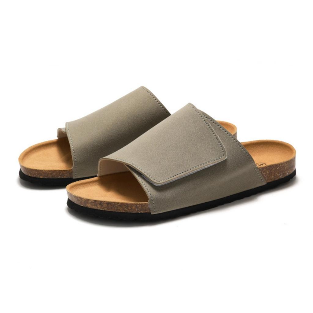 Men's Cork Slippers Trendy Student One Line Dragging Men's Beach Shoes Matte Leather