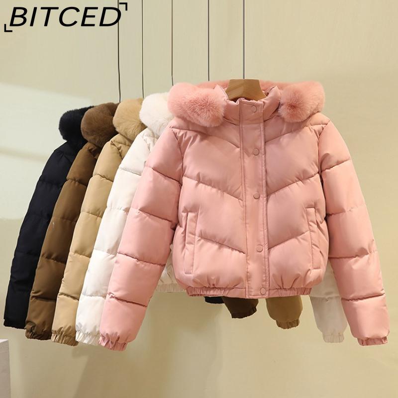BITCED Plus Size Short Cotton Jacket for Women Winter Puffer Coat with Oversized Fur Collar Versatile Outerwear