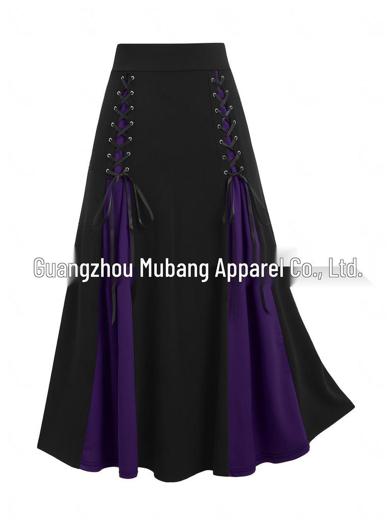 Gothic Lace-up Two-tone Patchwork High-Waisted Midi Skirt