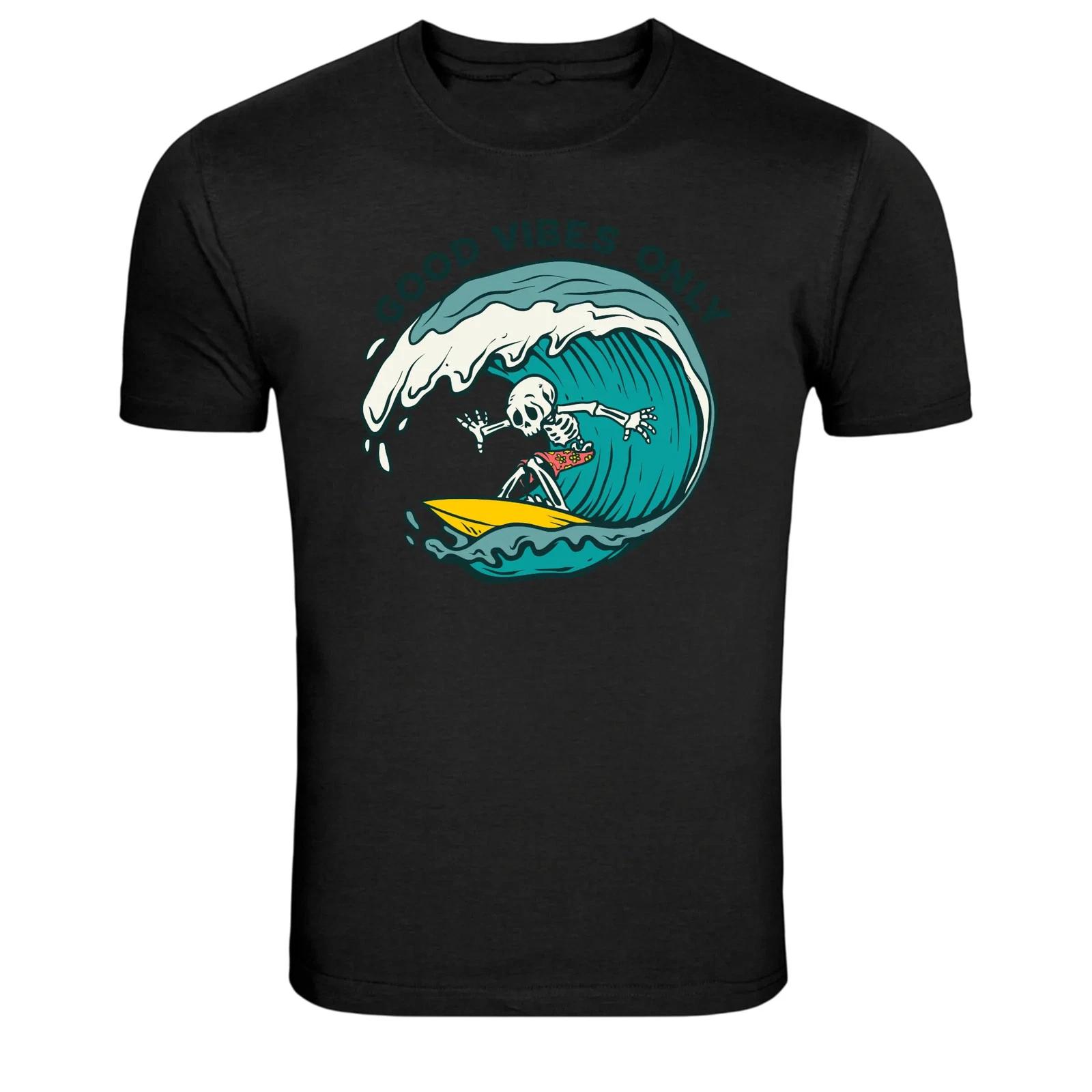 Good Vibes Only Skeleton Surfing Wave Surfer Graphic T-Shirt S