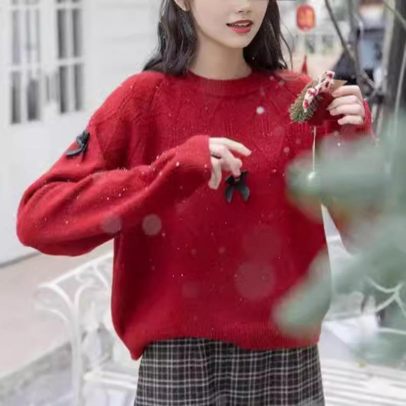 Autumn and winter tops, bow sweaters, round necks, chic women's small knitted bottoms