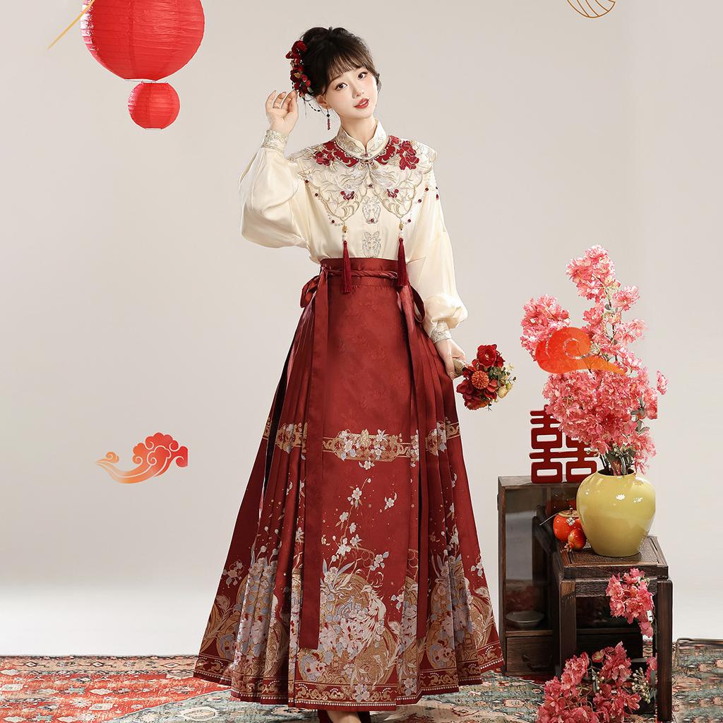 Yimengge Original Fengming Qu Hanfu Three-piece Set Women Chinese Style Improved Han Element Blouse Cloud Shoulder Horse Skirt Suit