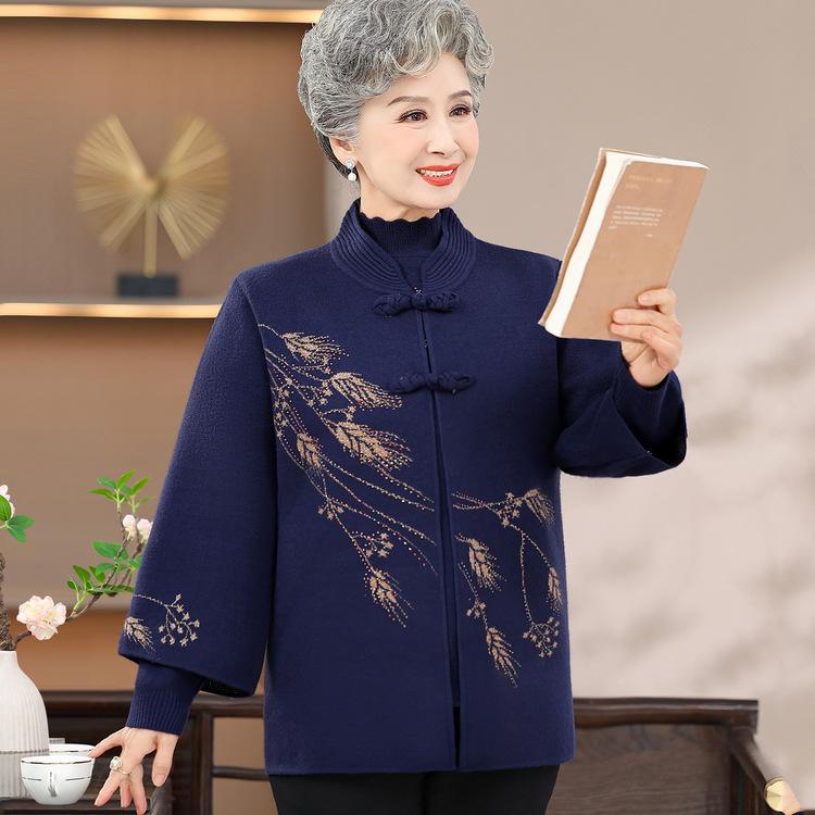 

Одежда для женщин среднего и пожилого возраста Осень и Зима Одежда для бабушки Куртка Костюм-двойка Пожилая женщина Зимний вязаный свитер XL темно-синий