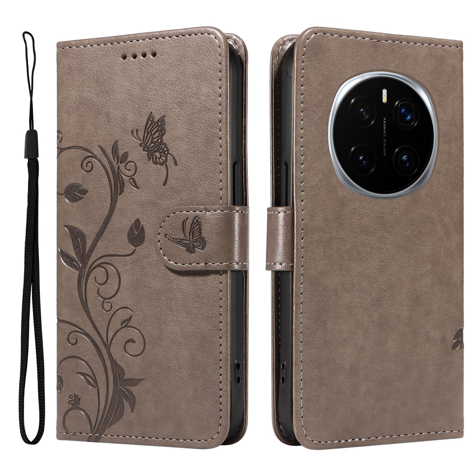

For Honor Magic7 Pro 5G PU Leather Cases Flower Pattern Wallet Stand Phone Cover with Strap Grey
