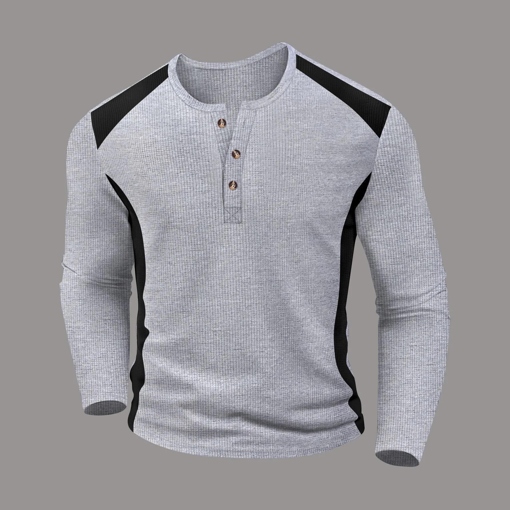 

Spring Autumn Men s Casual Long Sleeve Crew Neck Henley T-Shirt Patchwork Color Breathable Comfortable Tops S сірий колір