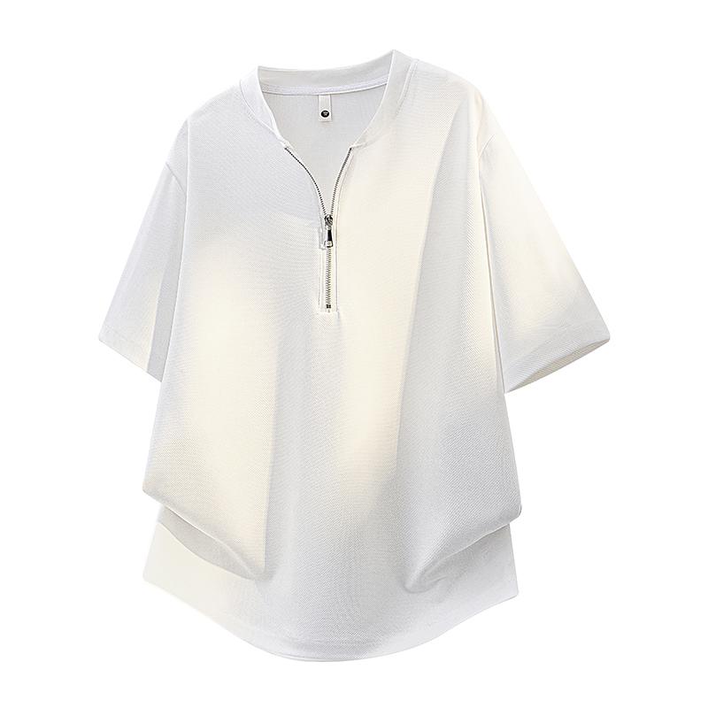 

Summer T Shirts for Man Yamamoto Style Zipper Texture Designer V-collar Short Sleeve Ice Silk Casual Man Hip Hop Tees Streetwear M белый