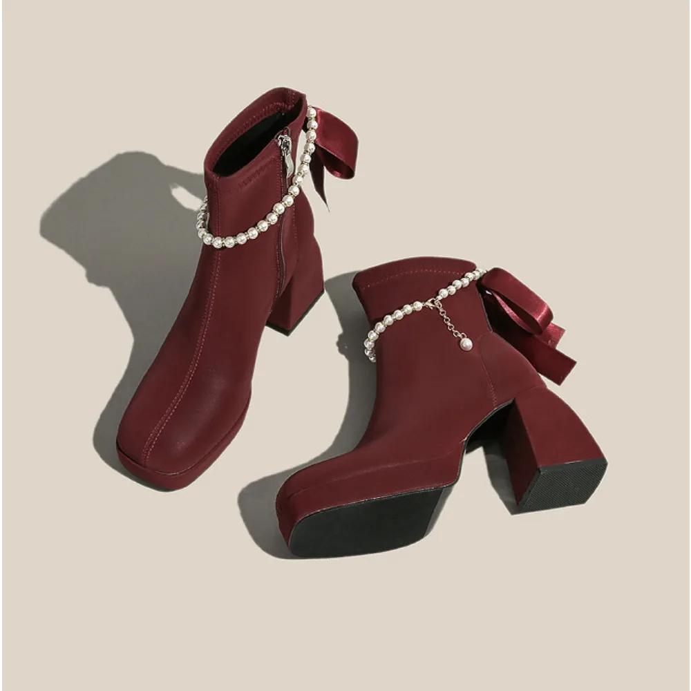 

Women s Boots Autumn/Winter New Collection Heel Square Head Chelsea Shoes Wine Red Waterproof Platform Short Boots 40