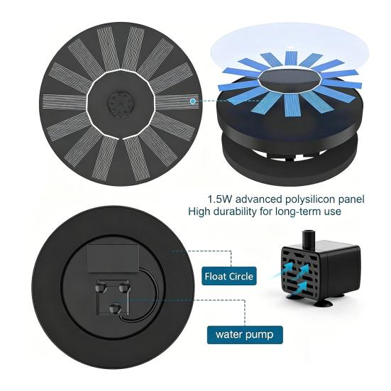 2.5W Solar Bird Bath Fountain Pump with 6 Nozzle Spray Modes
