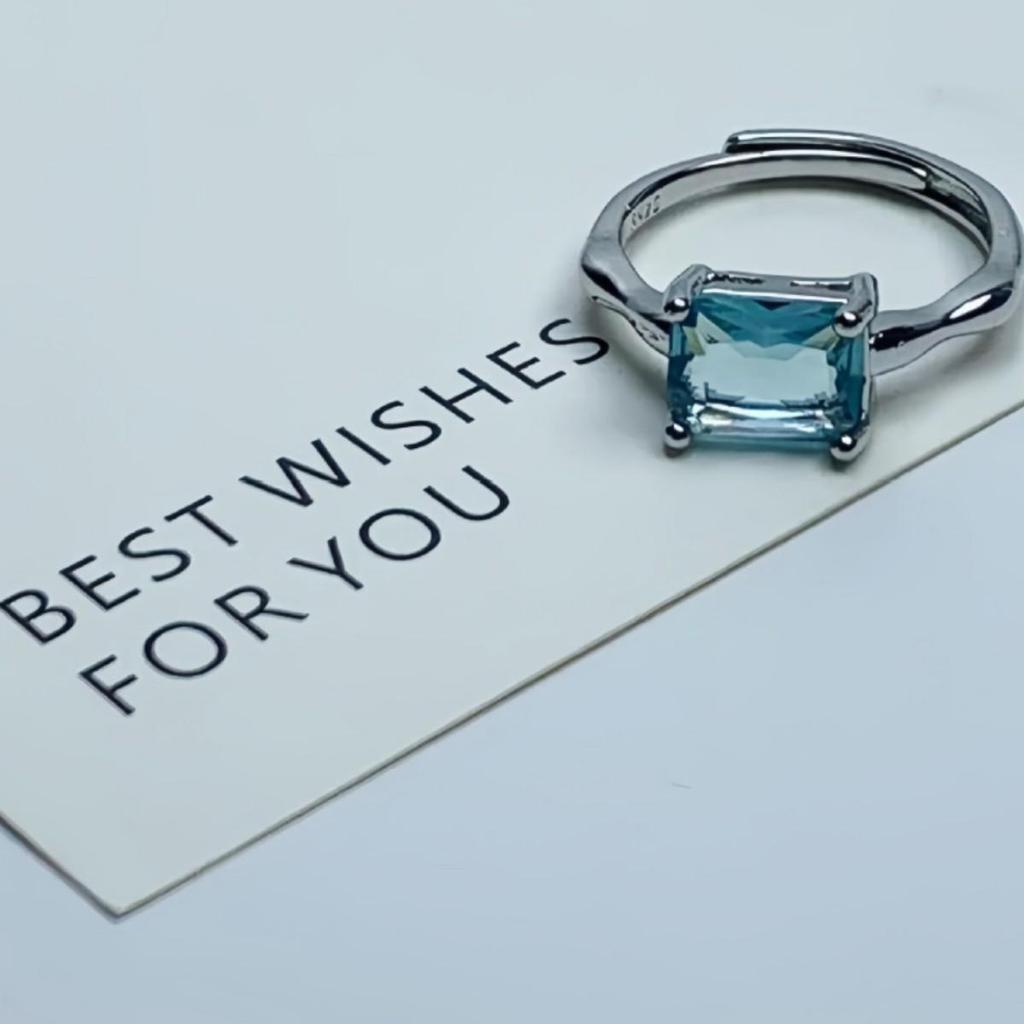 Elegant Blue Zircon Square Ring In French Light Luxury Style