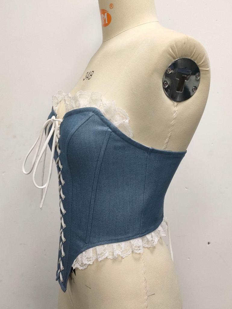 Cross-border Imitation Denim Strapless Lace-Up Boned Top R220