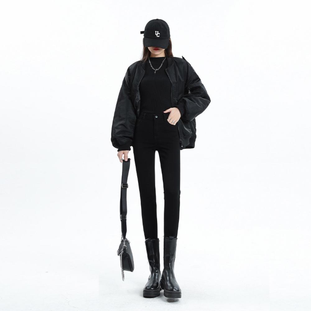 

Jeans slim elastic 2025 autumn and winter new versatile high-fitting small feet pencil pants 32 чёрный