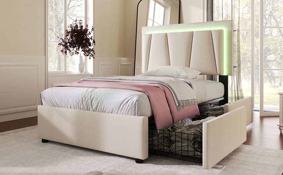 Upholstered Bed with LED Lighting and 2 Drawers, Height-Adjustable Headboard, Single Bed 90x200cm, Wooden Slatted Frame, Beige (With Mattress)