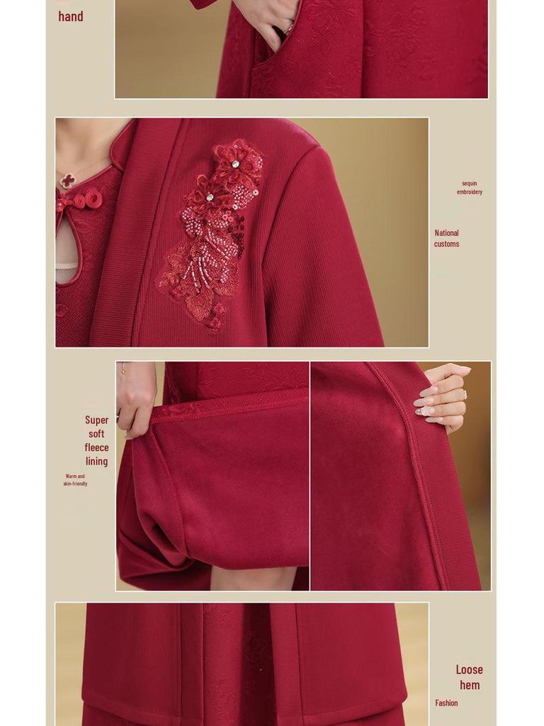 Winter Mother-in-law Wedding Outfit 2025: Velvet-Enhanced Dress Suit for Middle-Aged & Elderly Mothers.