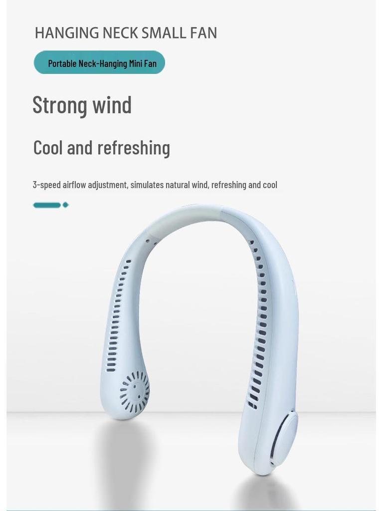 Douyin Popular USB Rechargeable Neck-Hanging Fan - Portable, Silent, Leafless Design for Outdoor Use.