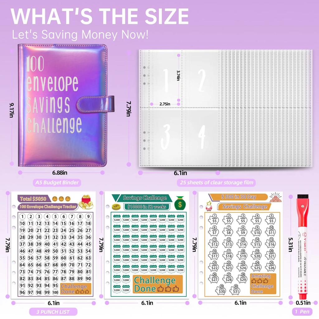 New100 Envelope Savings Challenge Laser A5 Loose-Leaf Binder Budget Binder With Cash Envelopes Money Organizer System Quality