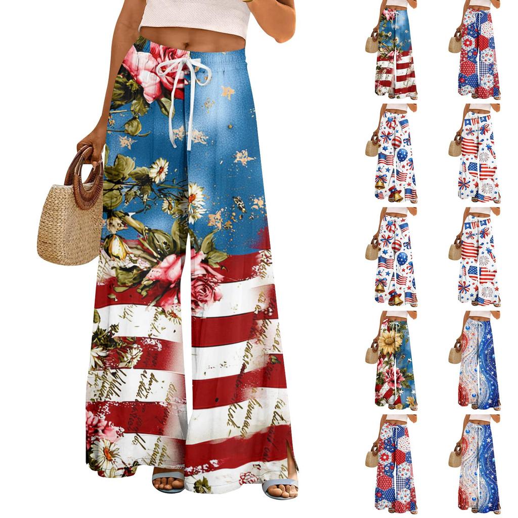 Women Summer Boho Palazzo Pants High Waist Wide Leg Printing Casual Trousers With Pockets
