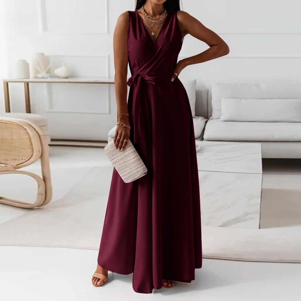 Women's V-neck Sleeveless Belt Evening Long Dress For Women