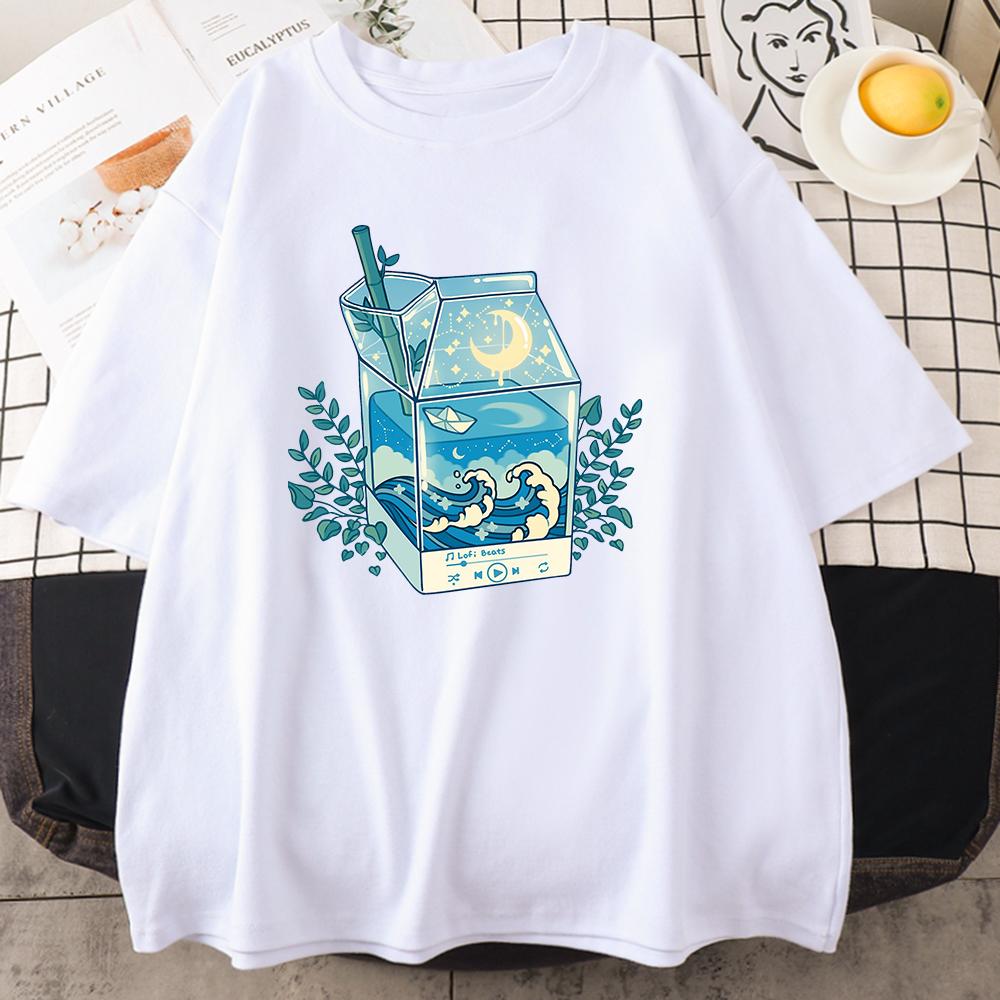 Milk Box Moonlight Waves Prints Man Cotton Clothing Creativity Casual Crewneck T-Shirts Mens Short Sleeve