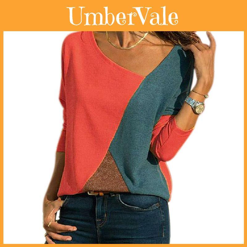 Stylish Women T-shirts Long Sleeve Round Neck Patchwork Pullover Slim Fit Female Tops