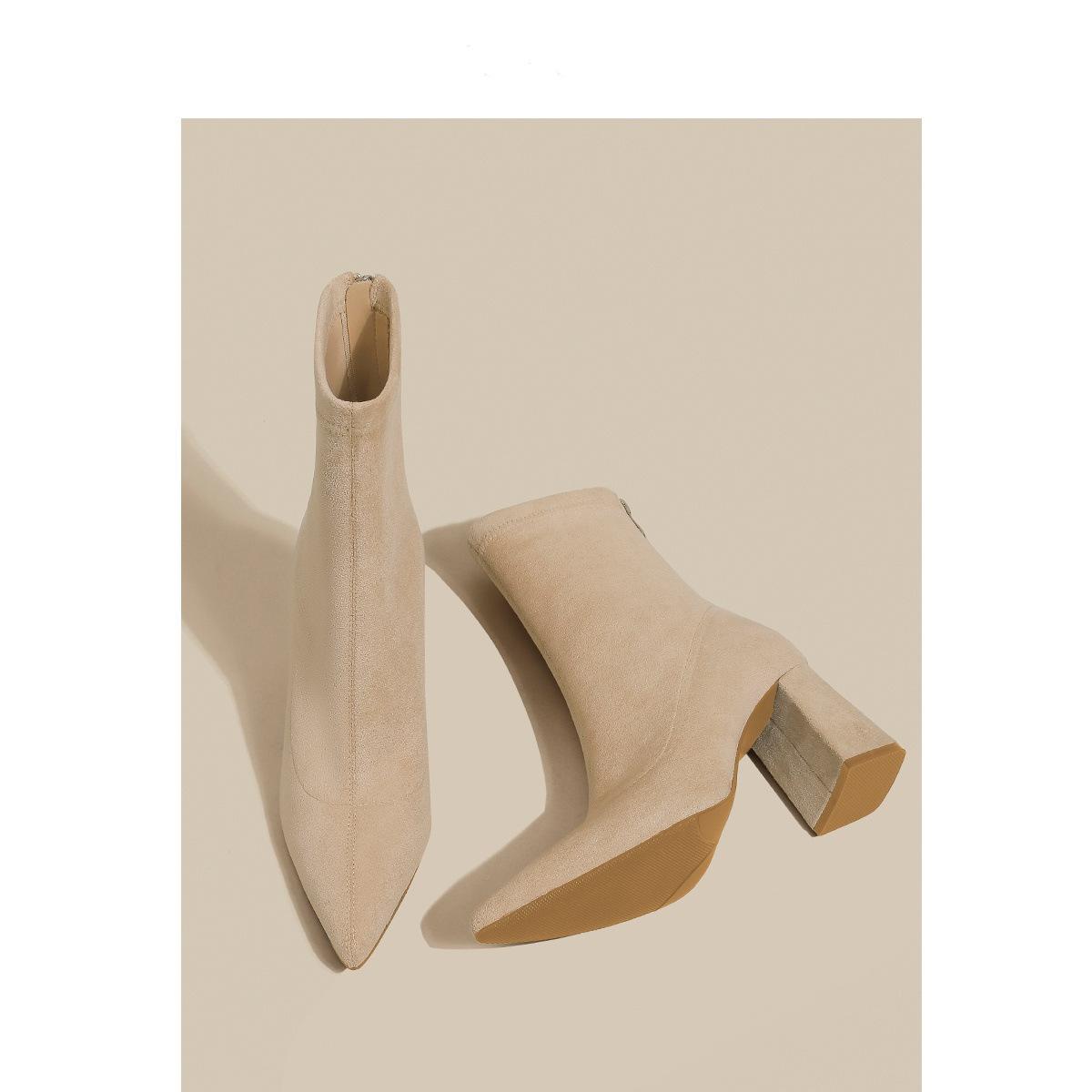 

Женские короткие ботинки на остром толстом каблуке, новинка осени и зимы 2025 года, высокие каблуки, тонкие ботинки Мартин, эластичные носки на флисе, одинарные ботинки 42 абрикосовый