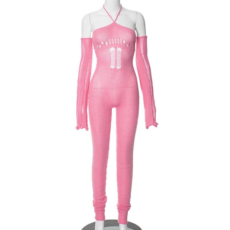 K23JP291 Women's Autumn/Winter 2023 Knitted Sleeve Cutout Jumpsuit with Baggy Pants